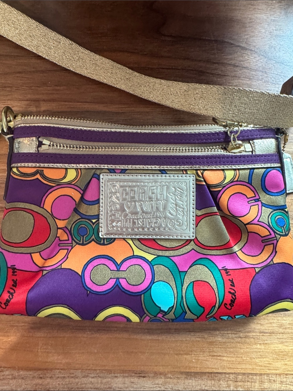 Coach Multicolor Purple Pink Orange Canvas Crossbody Wristlet